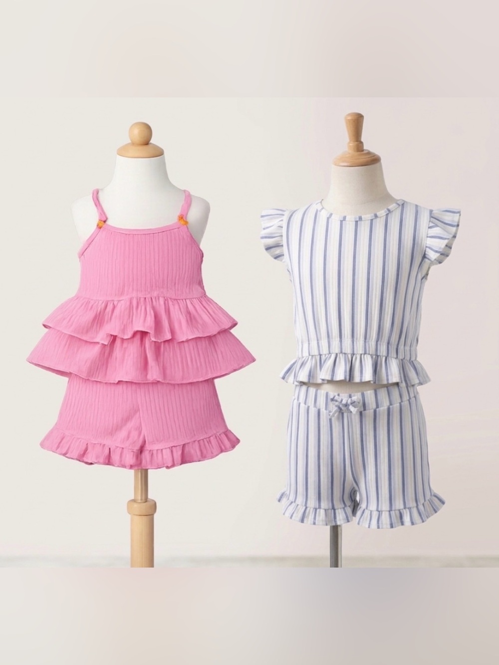 btween Pink Tiered Ruffle Shorts Set & Blue Stripe Ruffle Shorts Set
